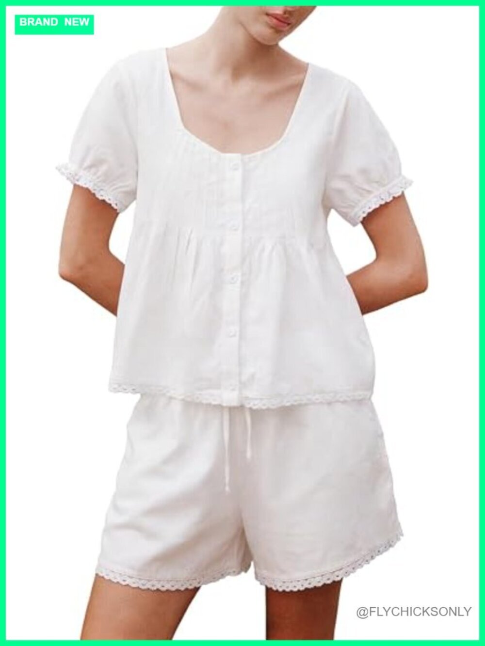 2 Piece Short Set Cotton Button Down Lace Trim Babydoll Top and Shorts